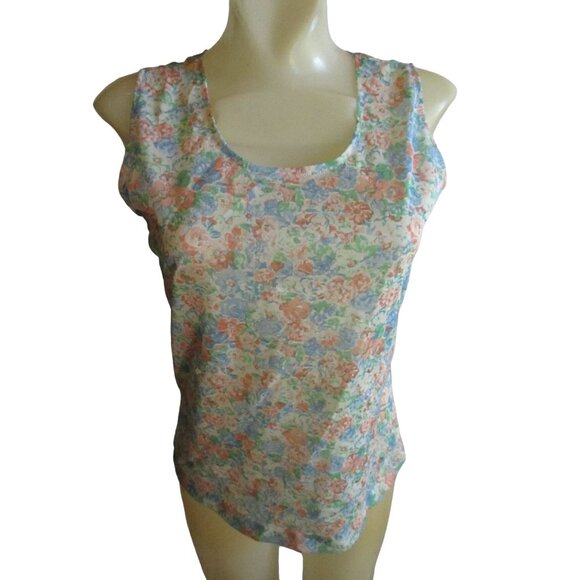 Vintage Women's Tank Top Medium 1970's Sheer Nylon Pink/Blue Flowers Stretch Med - Picture 1 of 7